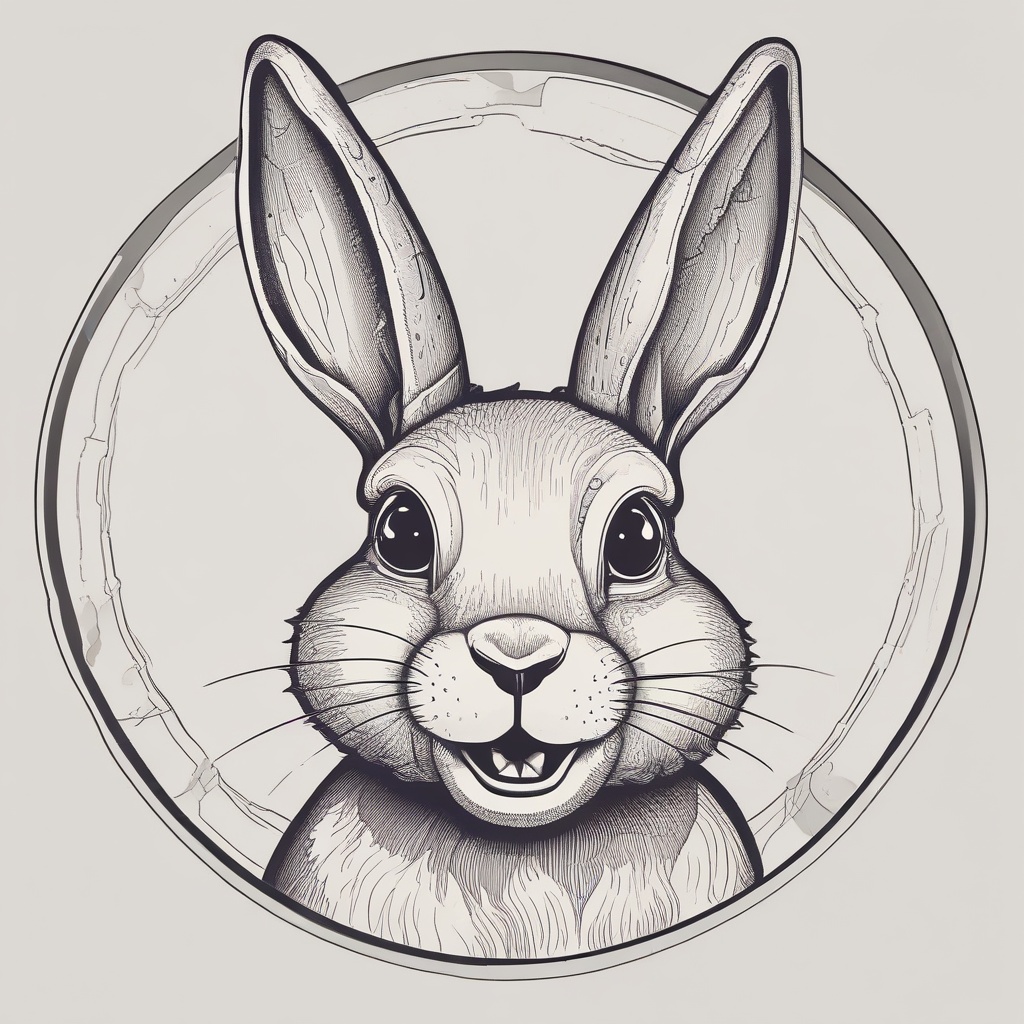 A smiling rabbit illustration, shaped in a perfect circle
